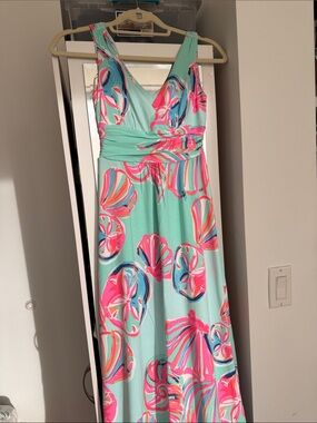 Lilly Pulitzer Aqua Maxi Dress with Pink and Coral Shell Print